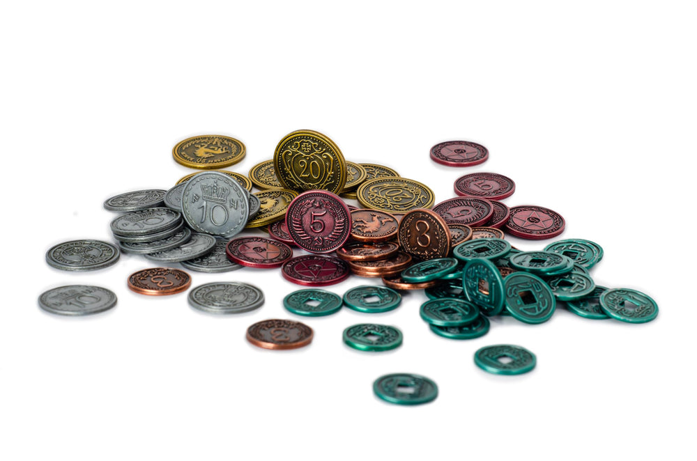 Stonemaier metal coins for Scythe green 1 coin enhances tactile gameplay.