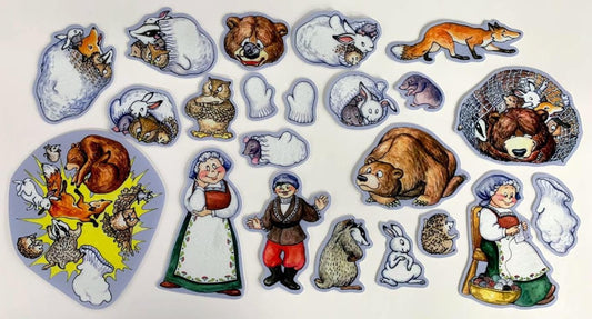 Story Time Felts mitten-figures on a flannel board for engaging storytelling.