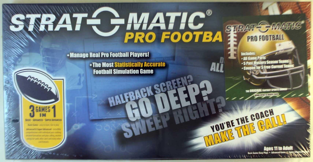 Strat-O-Matic Football Current Edition Game cover showing 32 teams and season-based cards for realism