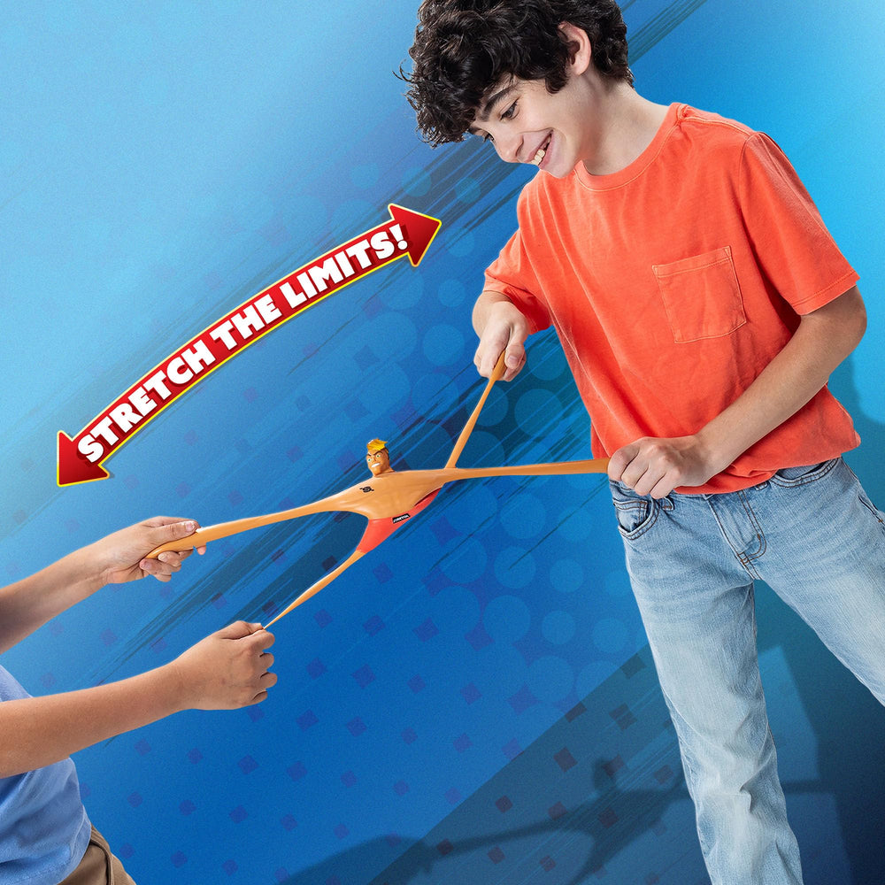 Stretch Armstrong displays sculpted muscles and durable squishy texture.