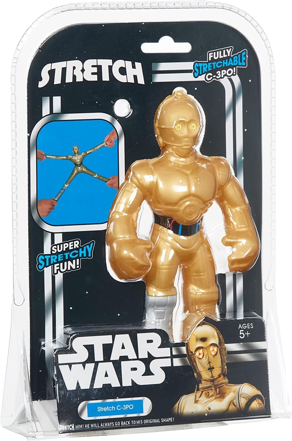 STRETCH ARMSTRONG C-3PO recoil pose demonstrates stretch-and-release action.