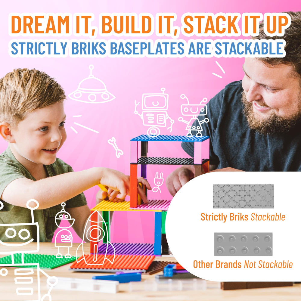 Strictly Briks mini-city scene on light grey baseplates for imaginative play