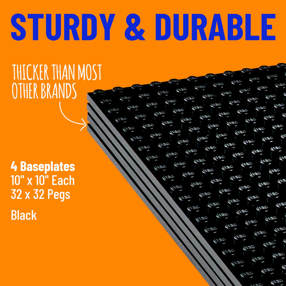 Strictly Briks black 10x10 baseplate close-up highlights a durable surface.