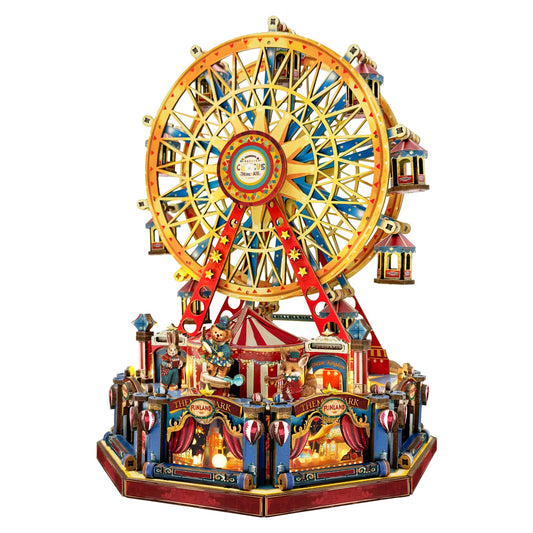 STRUCWOOD DIY Ferris Wheel puzzle main view with glowing lights for festive decor.
