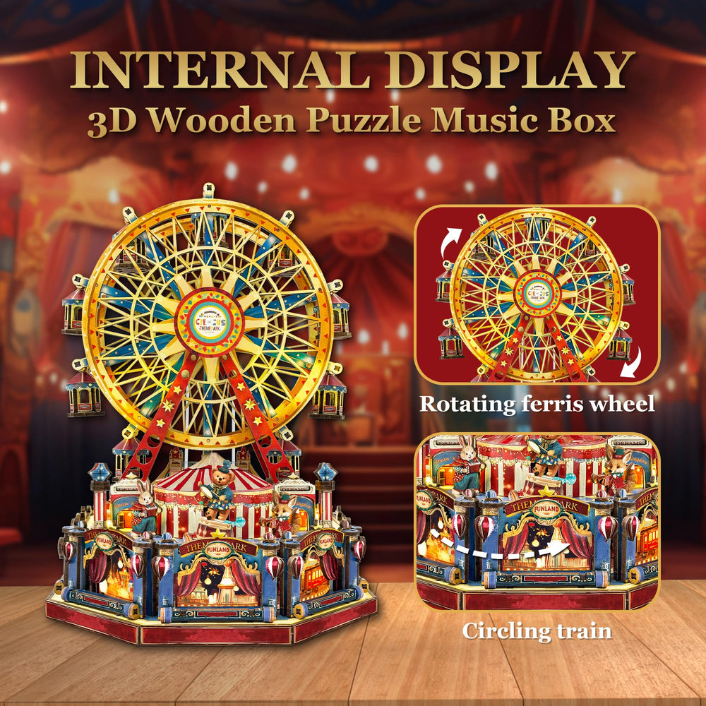 STRUCWOOD Ferris Wheel night scene with illuminated rides and music.