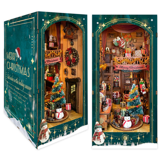 Strucwood Jingle Cabin kit assembly with festive details for a cozy shelf display