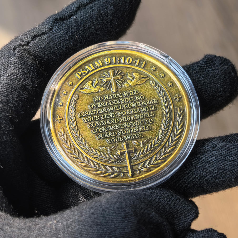 Strugglejewelry Archangel Michael coin inscription side featuring Psalm 91:10-11