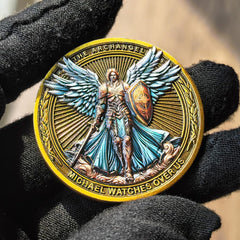 Strugglejewelry Archangel Michael coin side view highlighting intricate craftsmanship