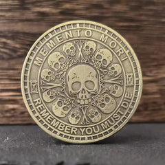 Strugglejewelry Memento Mori coin bronze inscriptions featuring Memento Vivere and Memento Mori
