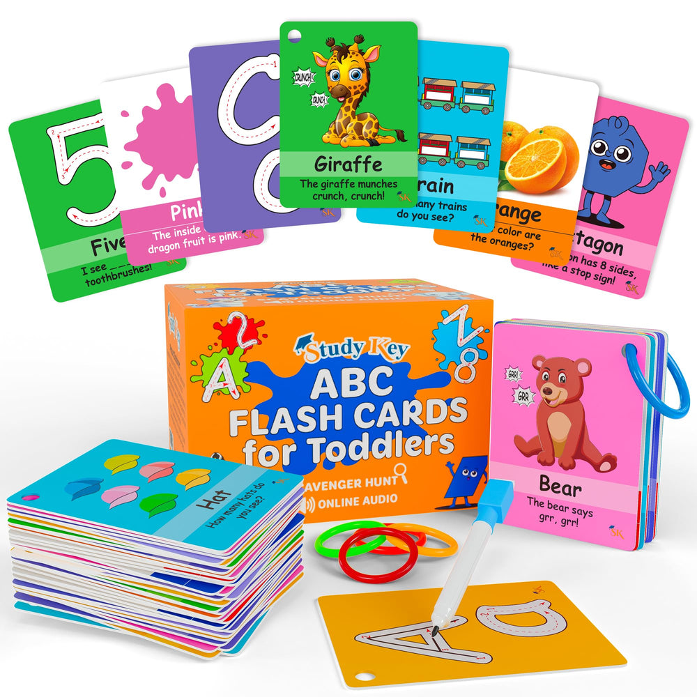 Study Key ABC flash cards for toddlers with clear visuals to teach letter sounds