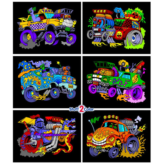 Stuff2Color Monster Cars poster 1: engaging velvet surface for imaginative coloring.