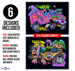Stuff2Color Monster Cars poster 2: ideal for quiet time coloring with friends.