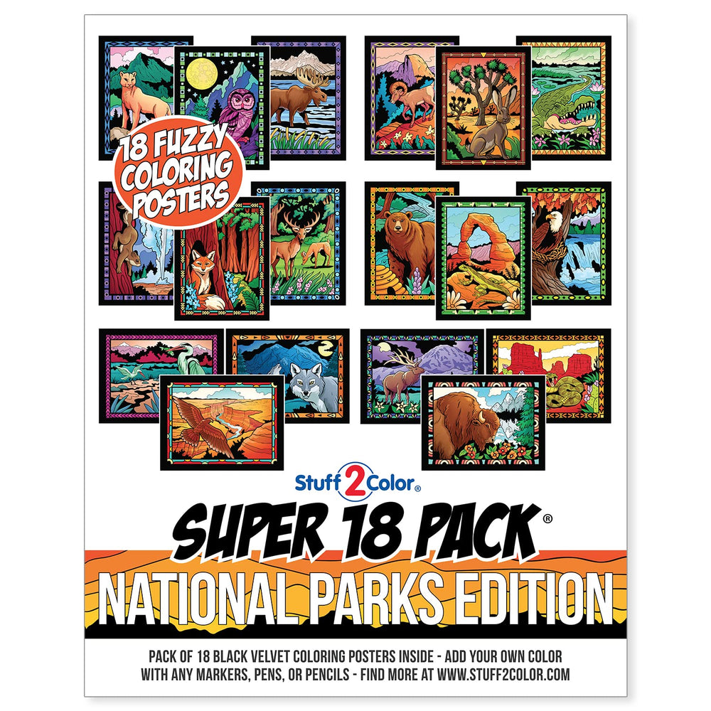 Stuff2Color National Parks 18-pack posters stacked for easy family coloring.