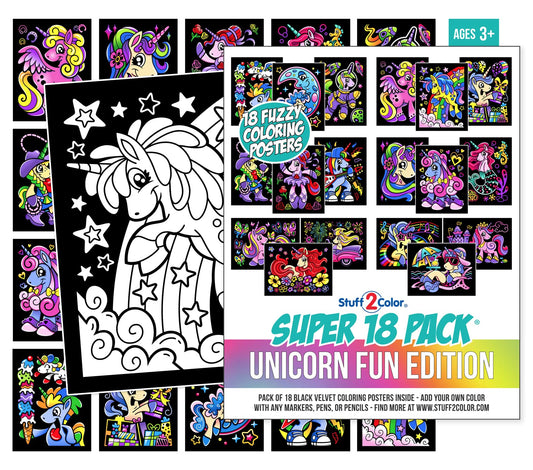 Stuff2Color unicorn fun 18-pack poster collection on velvet surface ready for coloring.