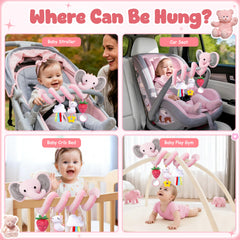 Stuffed car seat clip for stability helps secure toys on strollers and seats.