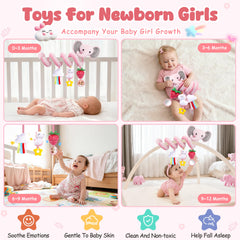 Stuffed spiral car seat toy Unicorn plush stimulates auditory and tactile play.