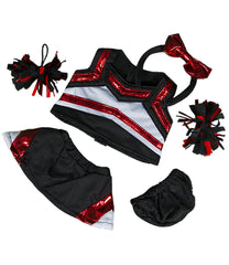 Stuffems metallic red and black cheerleader outfit for 8-10 inch toys in a DIY clothes kit context.