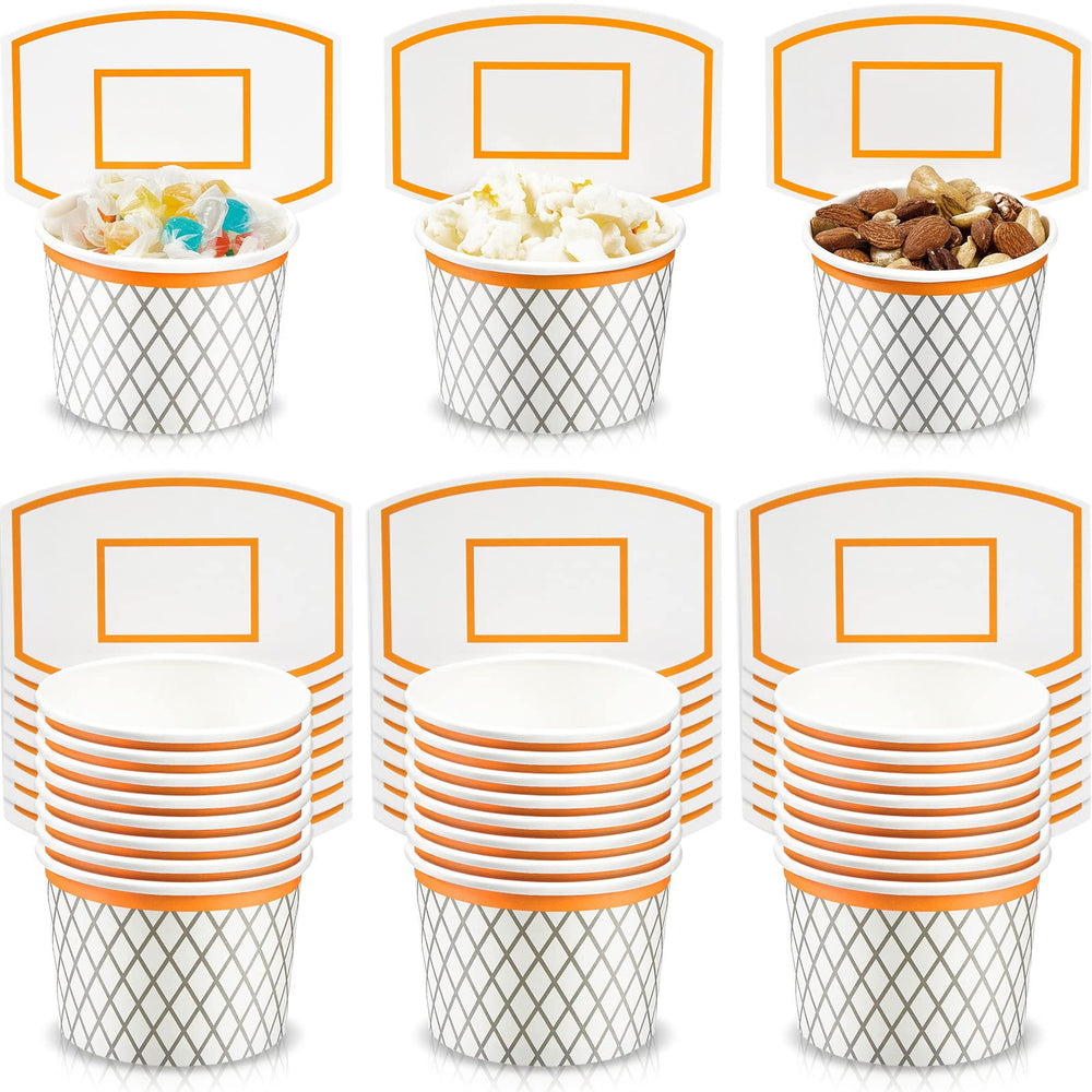 Suclain basketball hoop snack cups, front view, shows bright design and 24-pack value.