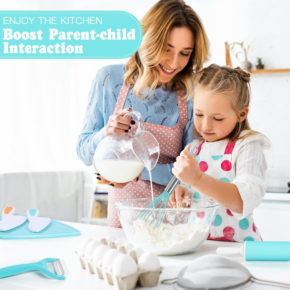 Suhctuptx Kids Cooking Set cutting board provides a sturdy surface