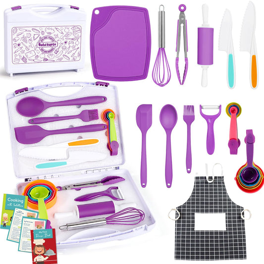 Suhctuptx kids cooking set storage box keeps tools organized for easy cleanup.
