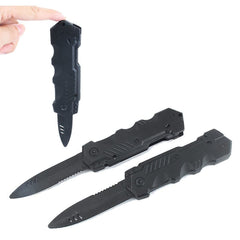 Sujosa black plastic dagger prop shows the spring-loaded retractable blade design.