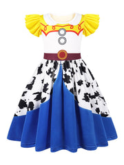 Sukyfecde cowgirl costume front view, soft yellow dress for pretend play