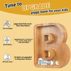 Sulevalt alphabet letter bank in durable wood with roomy coin capacity