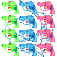 SULOLI 12-pack water guns in blue, green, and red for pool battles.