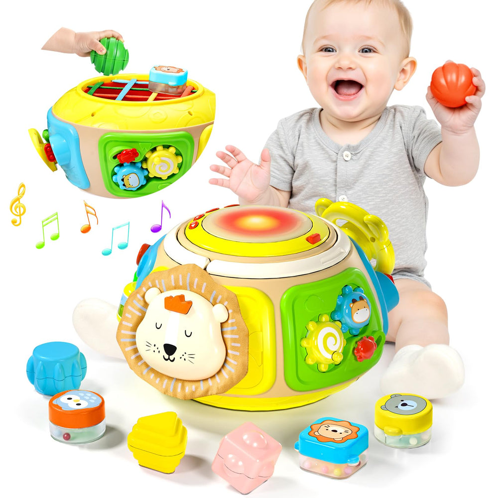 Sumapner 7-in-1 Activity Cube Drum, hand drum close-up promoting tactile rhythm and coordination.