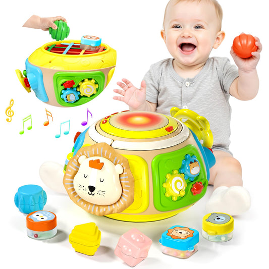 Sumapner 7-in-1 Activity Cube Drum, hand drum close-up promoting tactile rhythm and coordination.