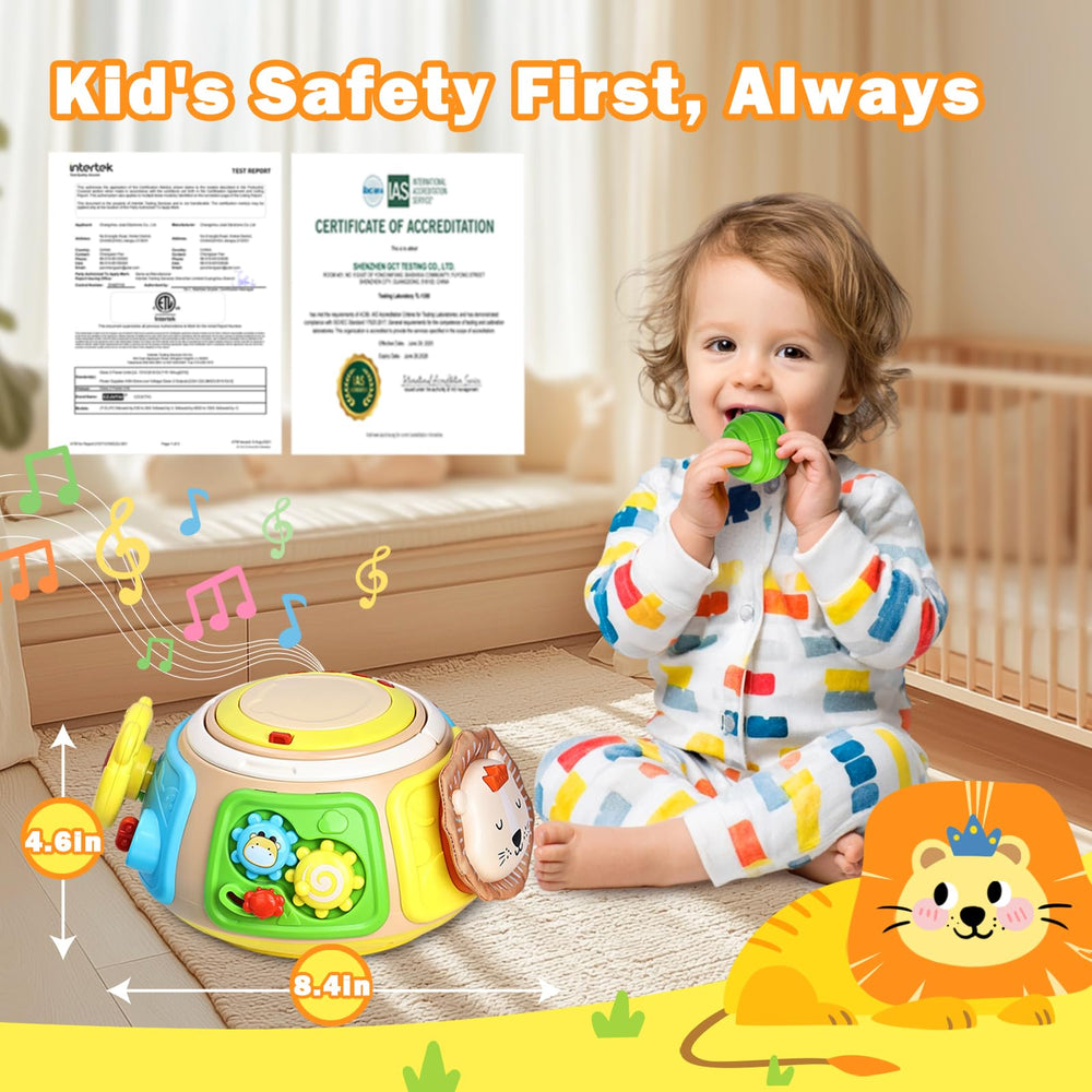 Sumapner 7-in-1 Activity Cube Drum, peekaboo panel supporting visual tracking and interaction.