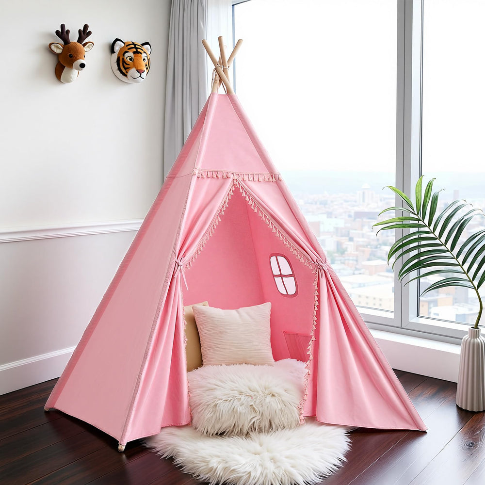 Sumbababy pink teepee folds flat for compact storage and portability.