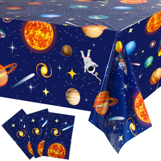 Sumind space tablecloth with planets and stars on dark blue for classroom space parties.