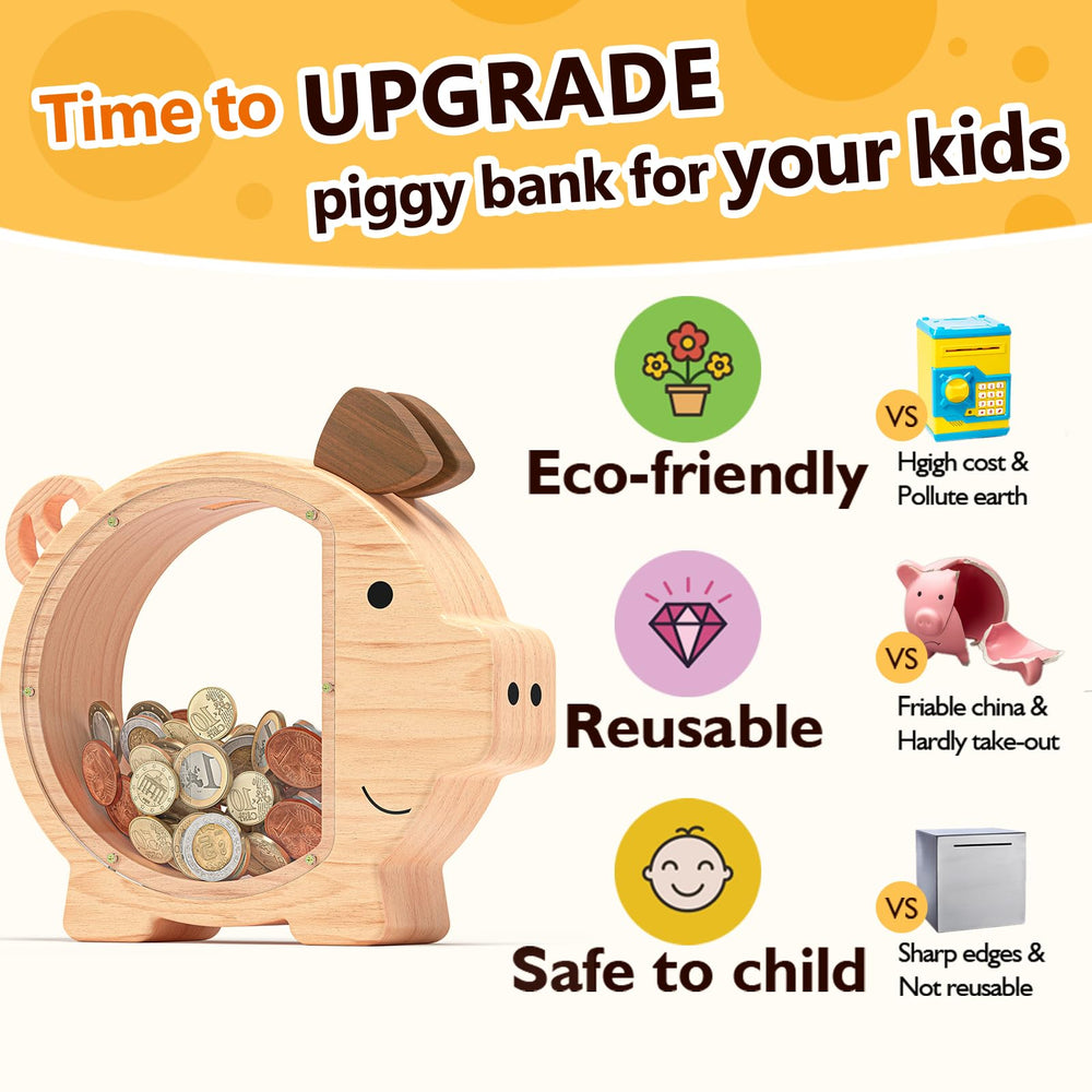 Summidate clear window piggy bank showing coins and progress.