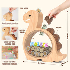 Summidate wooden dino money bank features a clear window to watch savings grow