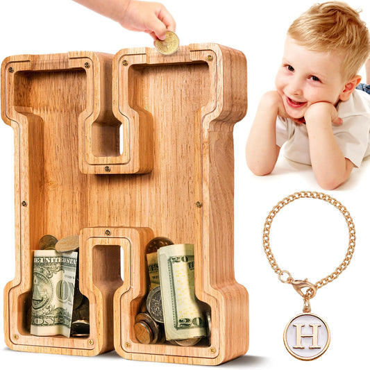 SummiDate wooden letter piggy bank front view shows visible savings progress for kids