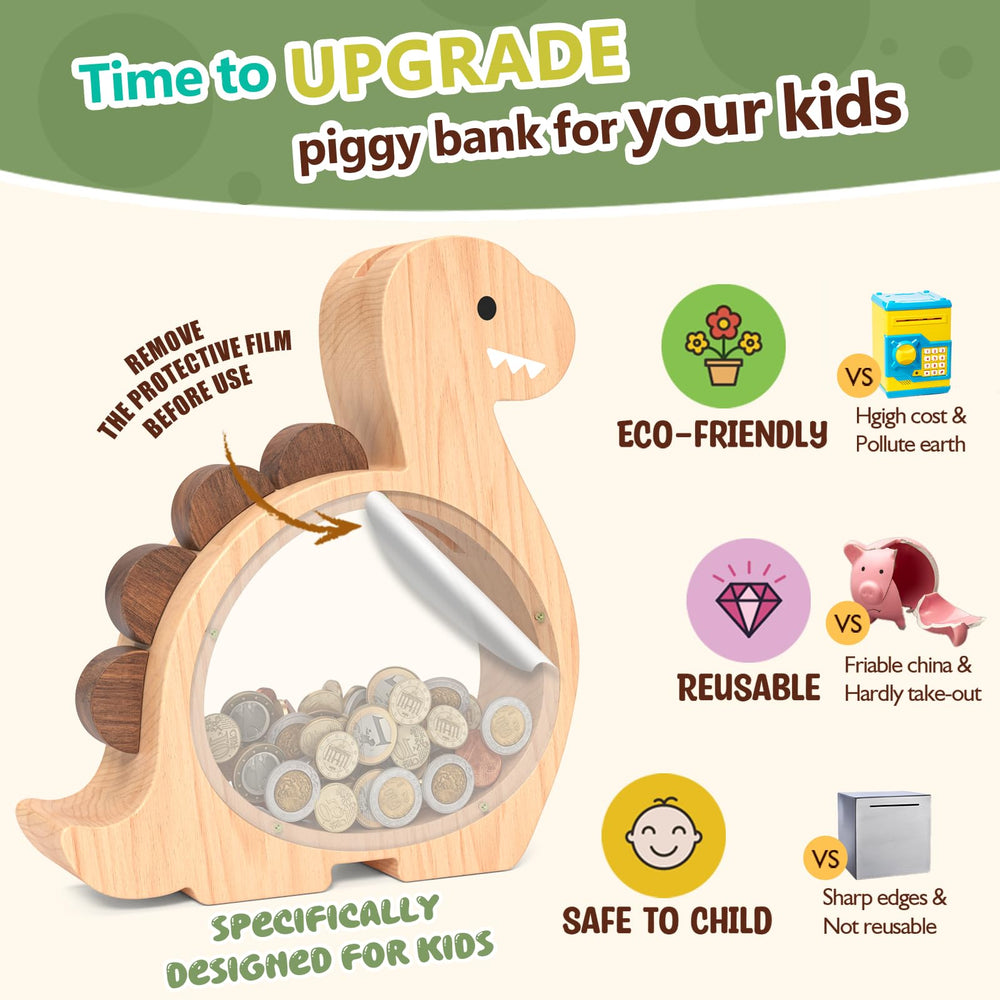 Summidate natural wood piggy bank with non-toxic paints for safe play