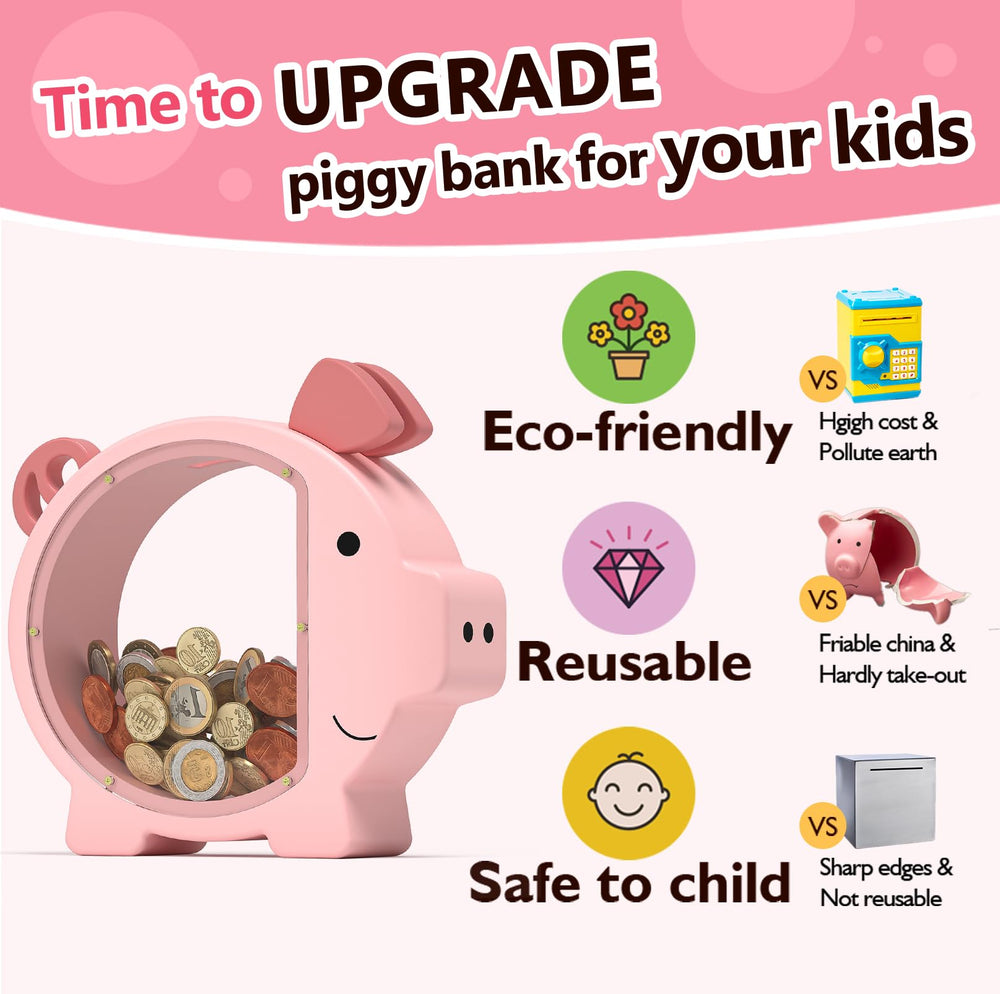 Summidate pink piggy bank used as birthday decor in a kid's room.
