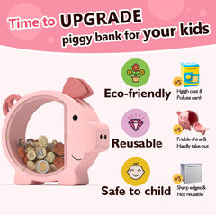 Summidate pink piggy bank used as birthday decor in a kid's room.