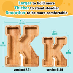 SummiDate wooden letter piggy bank side view shows sturdy design for daily use.