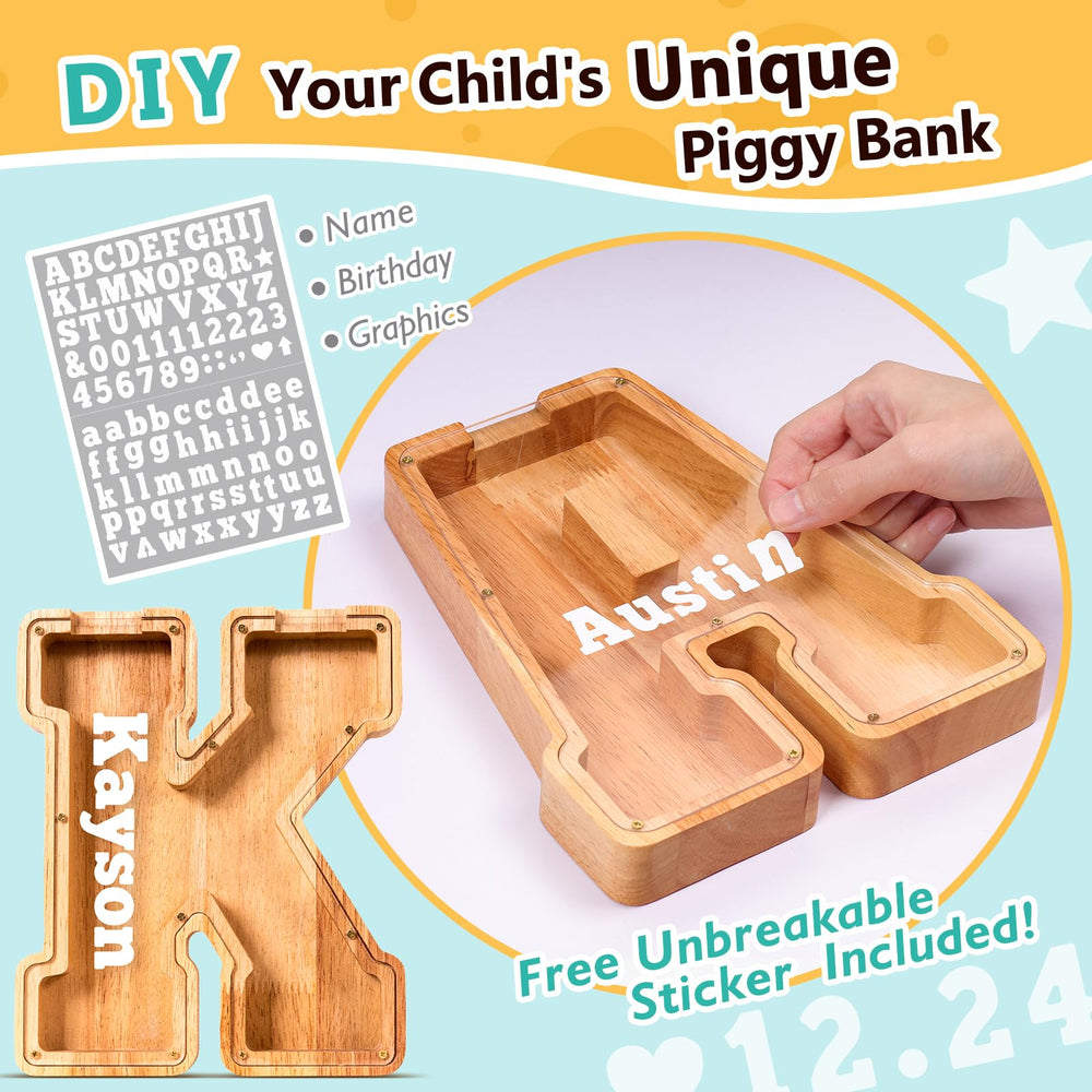SummiDate wooden letter piggy bank transparent panel highlights visible coins and progress.