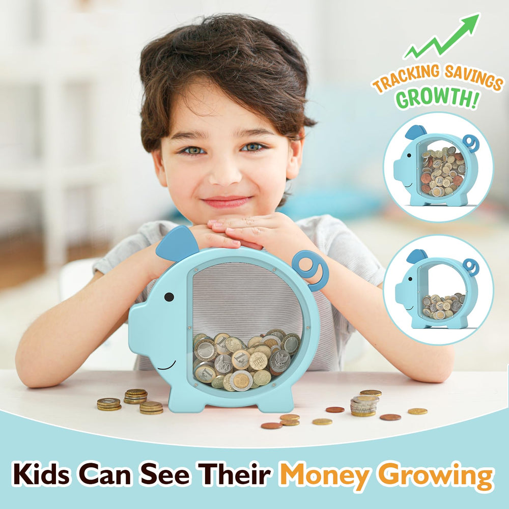 Summidate wooden piggy bank shows progress with a transparent body for kids.