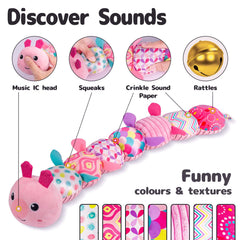 Sumobaby Caterpillar textured plush showing crinkle fabric for tactile discovery.