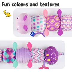 Sumobaby caterpillar plush teether provides soft chewing textures.