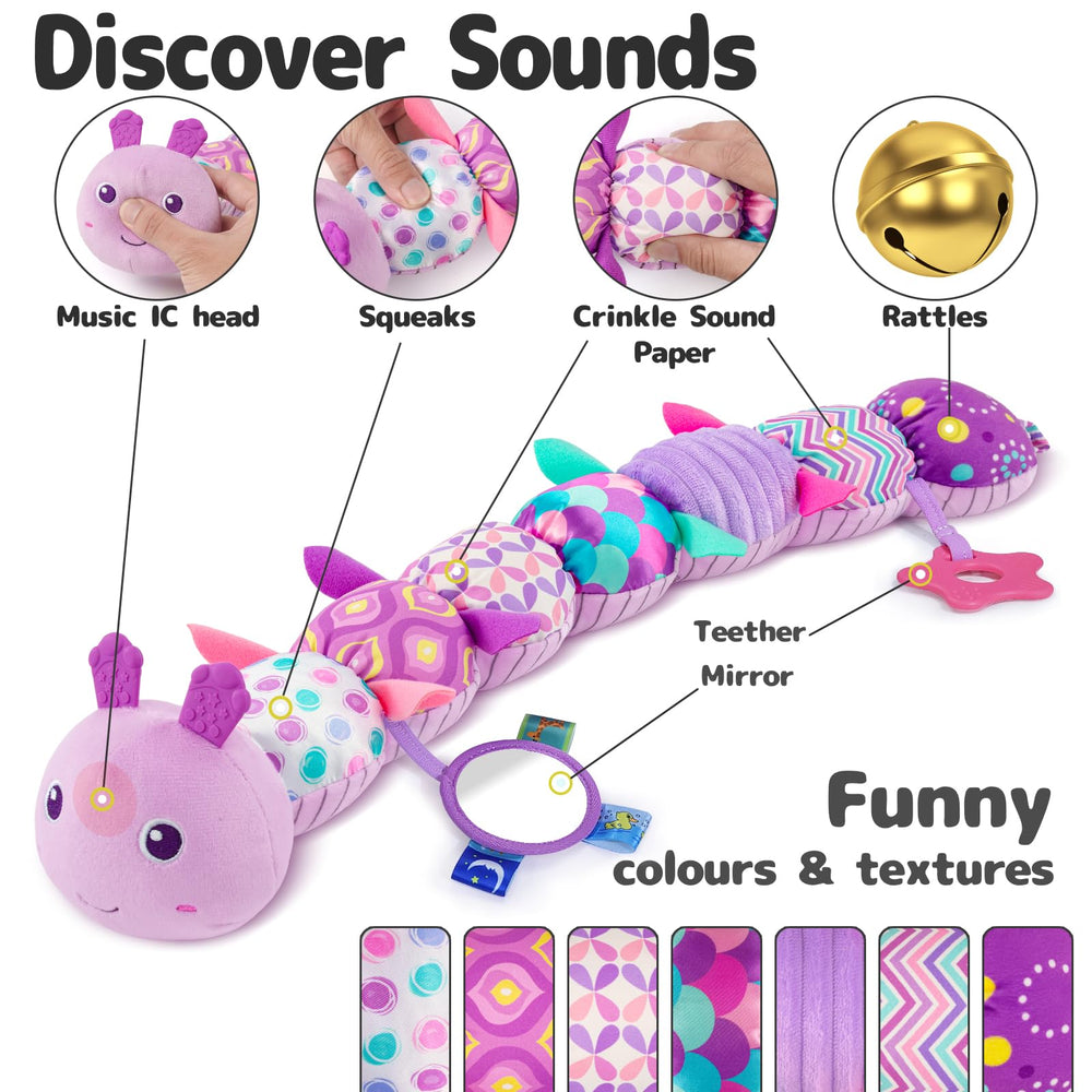 Sumobaby caterpillar rattle enhances grasp and auditory awareness.