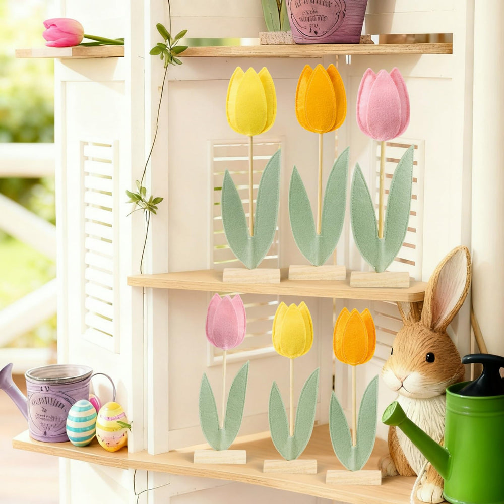 SUNBEAUTY 3D felt tulips centerpiece detail showing layered petals and texture