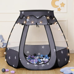 Suncuber Pop Up Play Tent with star light enhances cozy evening playtime.