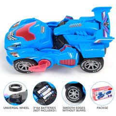 Sunnhan blue transformer dinosaur car, battery area accessible for easy setup.
