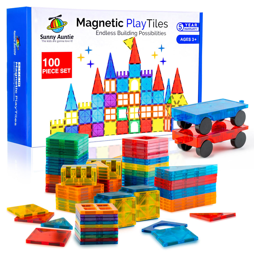 Sunny Auntie Magnetic Tiles set with 100 pieces and two cars promotes creative play and STEM exploration