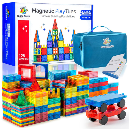 Sunny Auntie magnetic tiles 125-pcs XL set in a box, vibrant colors for creative building.